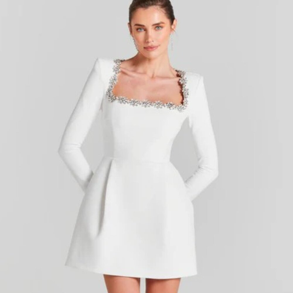 Rhinestone Square Neck Long Sleeve Pleated Jersey Party Mini Dress - White